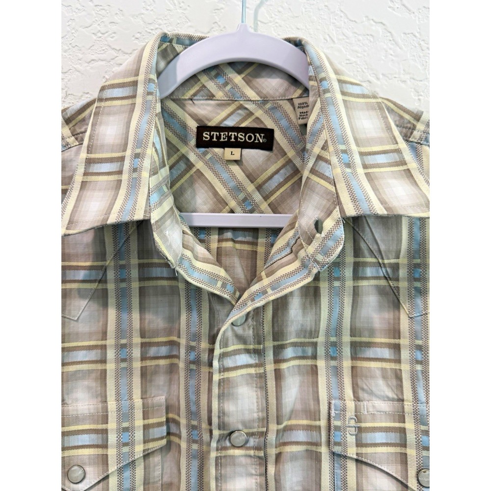 Stetson Men's L Gray/Blue/Beige Plaid Long Sleeve Cotton Button-Up Pockets